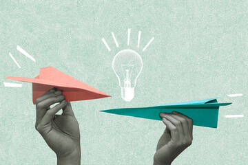 New Ideas. Two paper planes arrive to a new idea. Light bulb. Metaphor for team work in business....