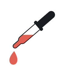 Medical icon. Sticker with equipment for blood sampling and biochemical analysis. Dropper with drop of blood. Design element for sticker. Cartoon flat vector illustration isolated on white background