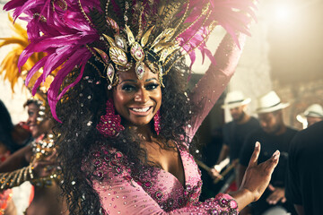 Party, dancing and portrait of samba dancer at carnival, festival and traditional celebration in Brazil. Culture, costume and face of black woman ready for dance, performance and music with band