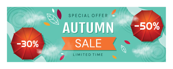 Autumn sale banner. Advertising graphic element for website. Special offer for regular customers, marketing and advertising. Limited time, bonuses and gifts. Cartoon flat vector illustration