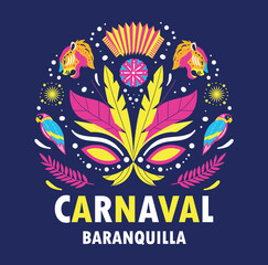 Obraz premium Barranquilla carnival poster. International holiday, traditions and culture. Poster or banner for website, greeting postcard design. Bright feathers and mask. Cartoon flat vector illustration