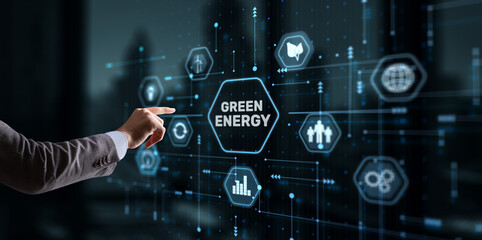 Businessman clicks Green eco energy icons. Reducing environmental risks