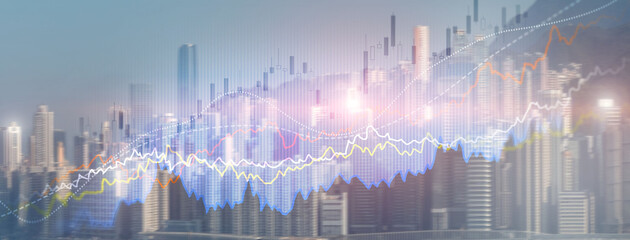 Smart city and stats concept with growing digital graphs and diagram on city background