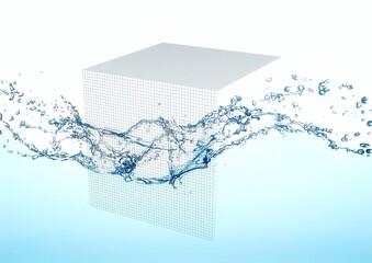 3d illustration combining water splash and cube in science concept