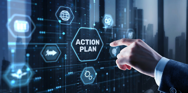 Businessman clicks action plan. Algorithm and strategy development business