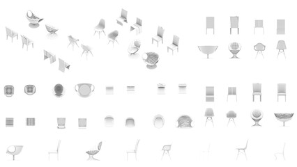 Fototapeta na wymiar 3D High Poly Chairs - SET1 Monochromatic - Parallel Views