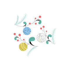Christmas Baubles with Berry and Spruce Twigs Vector Illustration