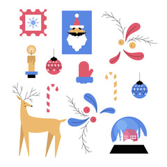 Christmas and New Year Holiday Symbols with Reindeer, Ball, Bauble, Mitten, Candle, Candy Cane and Santa Claus Vector Set