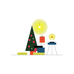 Christmas Fir Tree with Pile of Gift Boxes and Burning Candle Vector Illustration