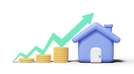 3D Gold coins stack with house on green arrow up on transparent. Home model with flue, door icon. Financial investment growth concept. Mockup cartoon icon minimal style. 3d render illustration.