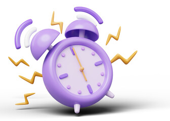 3d Alarm clock icon. Purple vintage clock with twin bell at six o’clock, 6 AM PM vibrate alert floating isolated on transparent. Time keeping concept. Cartoon icon smooth. 3d rendering.