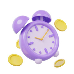 3d Alarm clock, money coin. Purple vintage clock with twin bell at 10.10 floating isolated on transparent. Time management, time keeping concept. Cartoon icon smooth. 3d rendering.