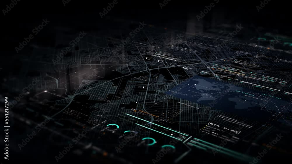Leinwandbilder Futuristic motion graphic user interface head up display screen with digital data city map telemetry information display for digital background computer desktop display screen