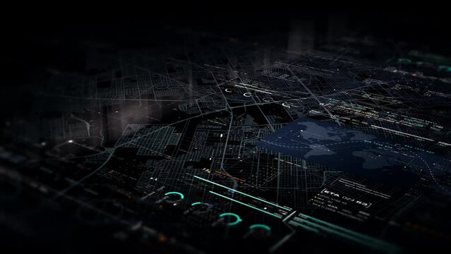 Futuristic motion graphic user interface head up display screen with digital data city map telemetry information display for digital background computer desktop display screen