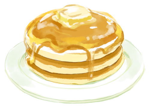 バターとハチミツを乗せたふっくらと焼けたパンケーキの水彩イラスト