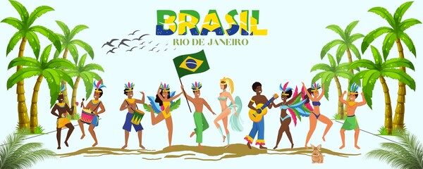 Set of Brazilian samba dancers. carnival girls and boys wearing a festival costume is dancing.