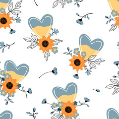 Heart with Ukrainian symbol and flowers in blue and yellow colors.Seamless pattern on white background.Cartoon objects drawn with black linea.Print on fabric and paper.Vector flat style illustration.