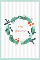 Christmas greeting card with wreath and hand written text Merry Christmas