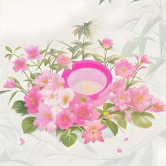 Spa still life with flowers. Bouquet of pink lilies. Beautiful illustration of flowers elegant bouquet on white background. Cute pink Flowers. 3d rendering..