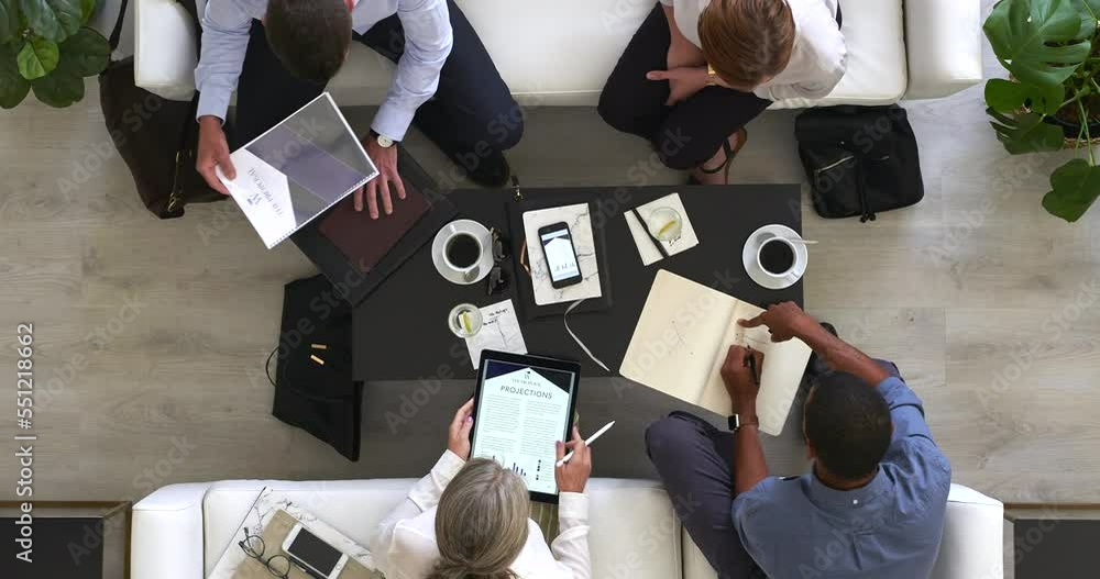 Poster team, top view and business people in meeting timelapse with coffee in morning for teamwork, plannin
