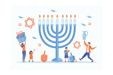 Happy Hanukkah, Jewish Festival of Lights scene with people, happy families with children, flat vector modern illustration