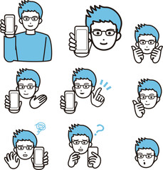 スマホを持つ男性の表情セット　イラスト素材