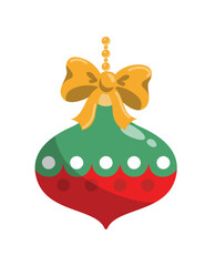 Green ball for Christmas tree. Toy with yellow bow on pendant. Poster or banner for website and graphic element for printing on fabric. New Year and Christmas. Cartoon flat vector illustration