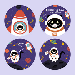 Cute black cat astronaut in a space hand drawn vector illustration. Isolated funny feline animal character in the galaxy for kids icon or stickers.