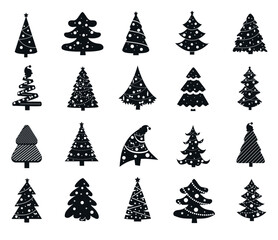 Christmas trees icons set. Collection of graphic elements for website. Symbol of winter holidays, traditions and culture, New Year. Cartoon flat vector illustrations isolated on white background