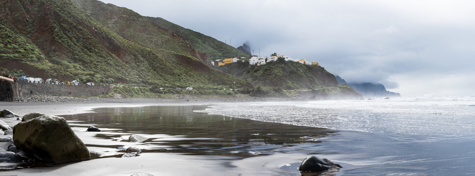 Panorama of Almaciga dark sand beach in the north of Tenerife, Canary Islands