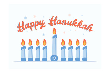 Poster with all blue lighted candles for Hanukkah's last day of celebration over a blue dark background, flat vector modern illustration
