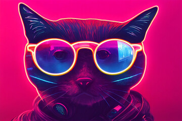 Fototapeta premium cyberpunk cat with sunglasses, dressed in neon color clothes