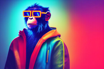 cyberpunk Chimpanzee with sunglasses, dressed in neon color clothes