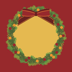 赤いリボンのクリスマスリースのベクターフレームと背景