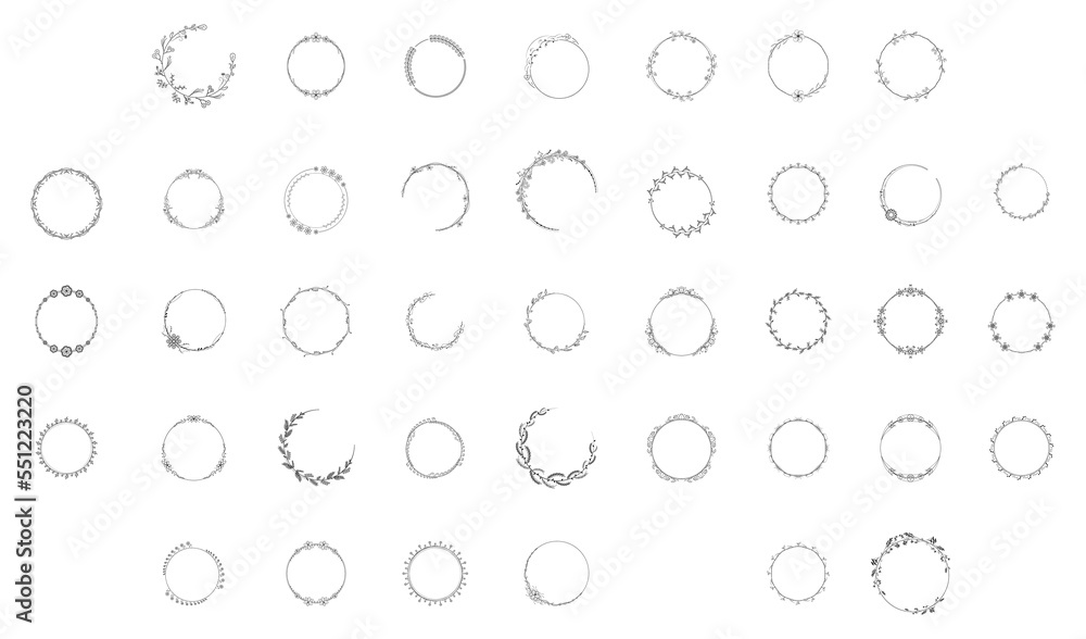 Poster set black simple line collection doodle round floral frame leaves elements vector design style sketc