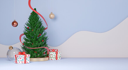 Christmas and New Year background. Xmas pine fir lush tree. Candy cane, gifts box. Bright Winter holiday composition. Greeting card, banner, poster on blue background. 3d render illustration