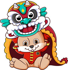 Chinese new year with cute rabbit character design and lion dance costume
