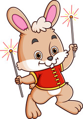 Cute rabbit wearing chinese traditional dress and holding firework