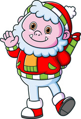 Cute yeti wearing santa costume and hiding a gift