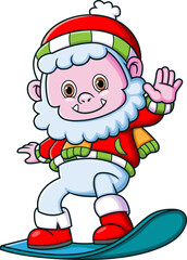 Cute yeti wearing santa costume playing snowboard