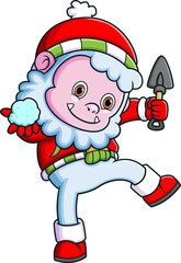 Cute yeti wearing santa costume playing snowball