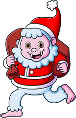 Yeti running with santa costume and holding a bag