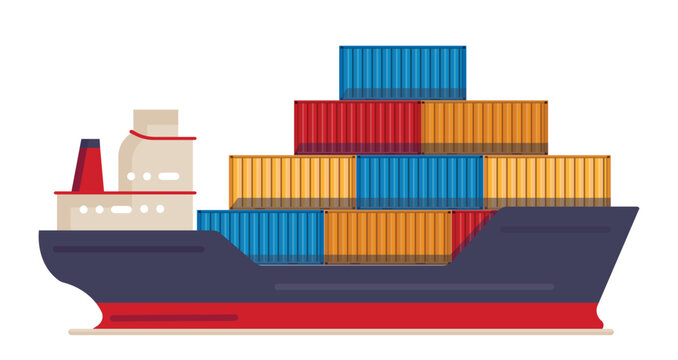 Container Ship Concept. Transportation And Shipping. Globalization And International Trade, Logistics. Graphic Element For Website. Transport With Colorful Boxes. Cartoon Flat Vector Illustration