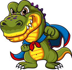 Confident dinosaur superhero in a blue cape