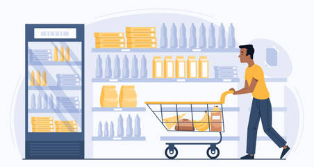 Grocery store concept. Person with cart with natural and organic products. Graphic element for website. Young guy in supermarket. Household chores and routine. Cartoon flat vector illustration