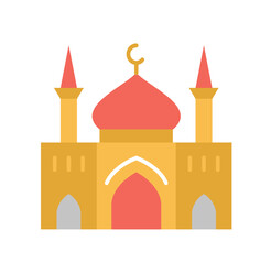 Golden mosque icon. Religion and luxury building, urban architecture. Poster or banner for site. Logo for company and organization, branding. Aesthetics and elegance. Cartoon flat vector illustration