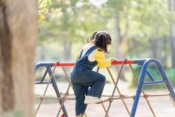 Cute asian girl smile climbing ladder and play on school or kindergarten yard or playground. Healthy summer activity for children. Little asian girl funny happy. Child playing on outdoor playground.