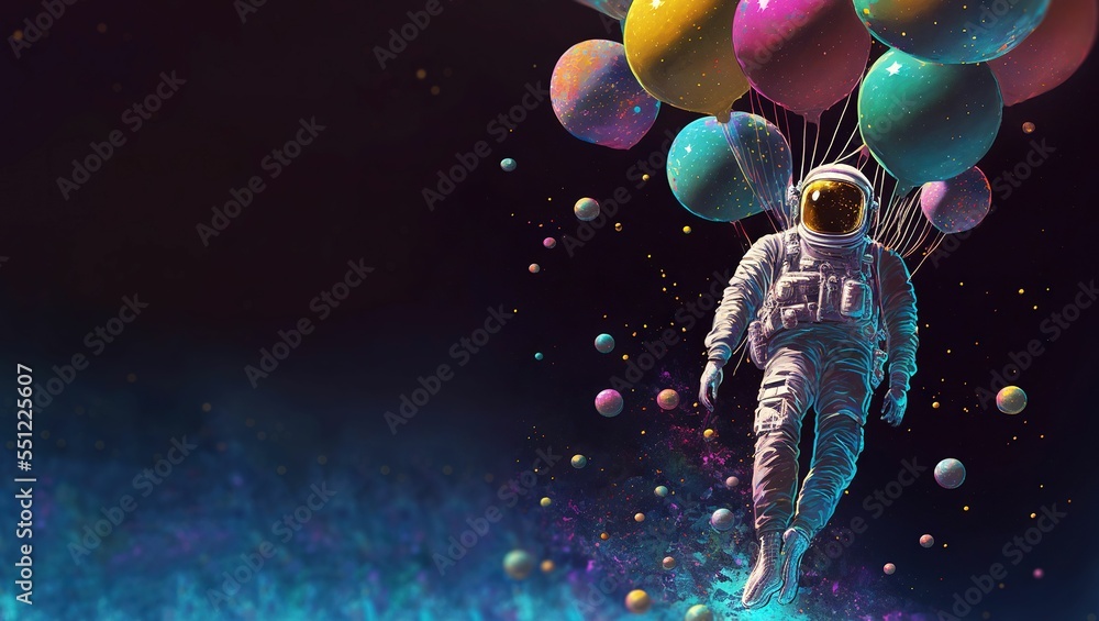 Poster ai-generated illustration of an astronaut floating through space with colorful balloons