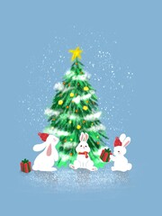 christmas tree and bunnies holding gifts