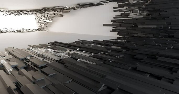 Luxury loop parametric abstract architectural minimalistic background.  Modern black exhibition tunnel. Empty gallery. Stand, table. Interior backlight. 3D animation and rendering.